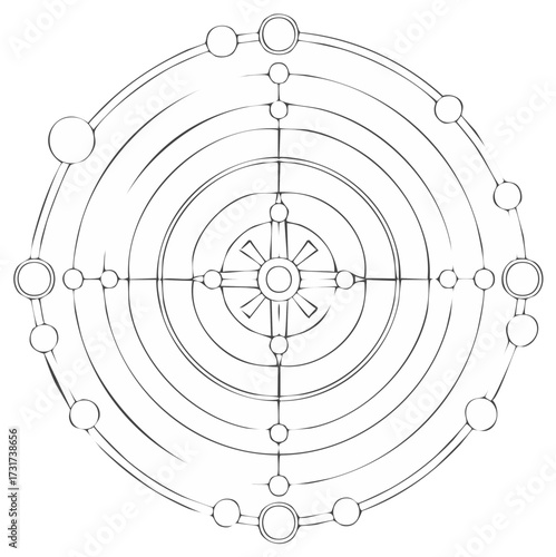 Outlined circular design element with starburst, radial lines, spheres and circles in decorative pattern