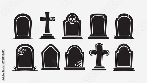 Headstones halloween silhouette icon pack with skulls, cracks, and cobweb detail. Gravestone horror solid element design set for decors. Tombstone, Burial marker. Cemetery stone. Vector Illustration