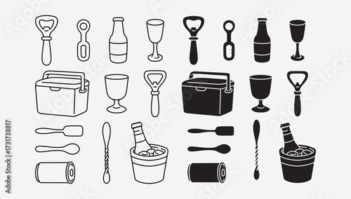 Bar tools and drinkware icons with beer bottles, cans, utensils, ice tubs, cans, ice buckets, spoons, glasses, glasses, coolers, openers. Beverage accessory, Party drink, Bar supply elements pack.