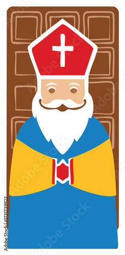 Saint Nicholas vector illustration with chocolate bar in background for holiday