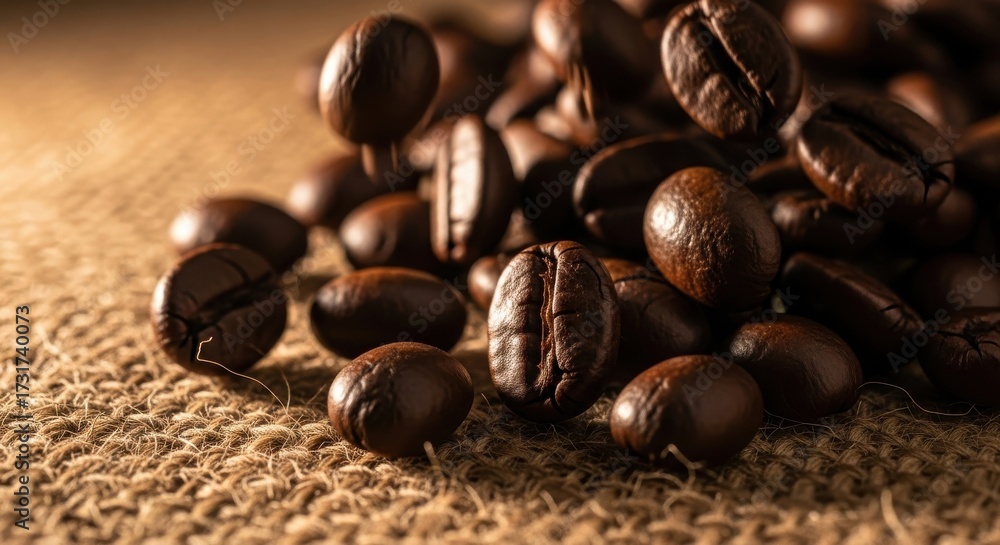 Fototapeta premium Fragrant coffee beans cascading onto rustic burlap with earthy charm