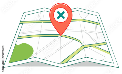 Red location pin with a cross symbol marks an error or unavailable spot on a map