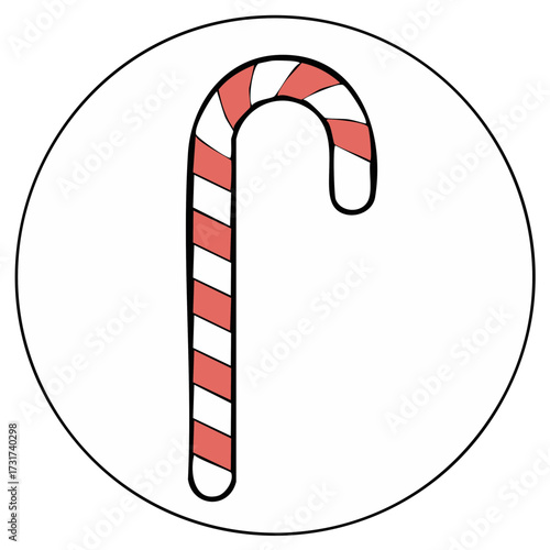 Christmas Candy Cane Illustration, Red and White Striped Swirl, Inside a Circle