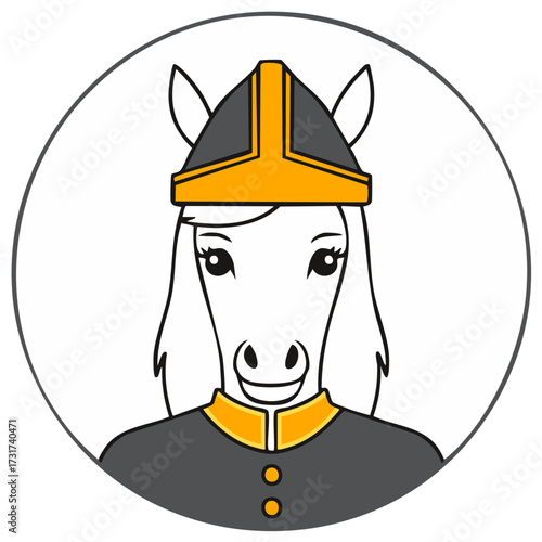 Cute cartoon mare wearing a Viking helmet and tunic smiling character portrait illustration
