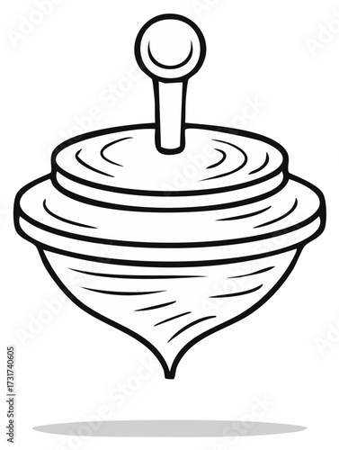 Black and white cartoon illustration of a spinning top toy.