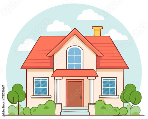 Cartoon Home with Red Roof, Windows, Door, Bushes and Trees Vector Illustration