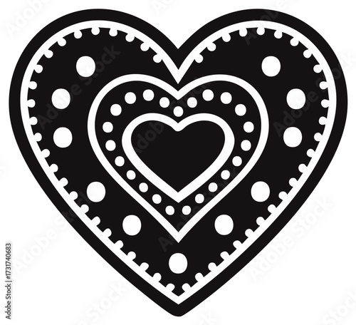 Stylized black heart with nested outlines and dotted patterns, symbolizing love, romance, and folk art design.