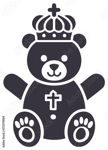 Black teddy bear illustration with a crown and cross symbol, concept for church or christening