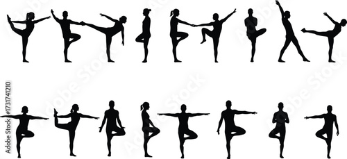 Collection of yoga poses silhouette vector illustration showing people practicing balance, flexibility, meditation, and stretching exercises for health and wellness.
