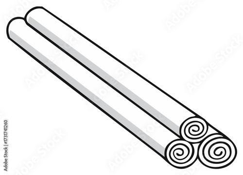 Three tightly rolled paper scrolls stacked diagonally with shadow detail flat design vector illustration