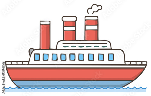Illustration of a red and white steamship with two smokestacks emitting smoke
