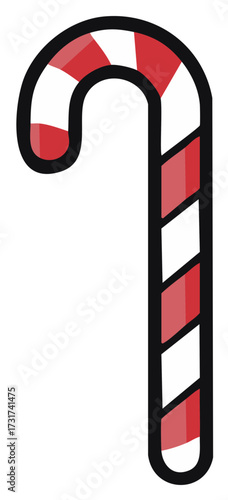 Festive Candy Cane with Red and White Stripes, Outlined in Black