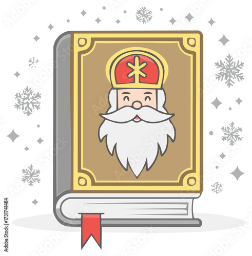 Whimsical storybook featuring a cheerful traditional holiday figure with miter and beard, winter snowflakes illustration