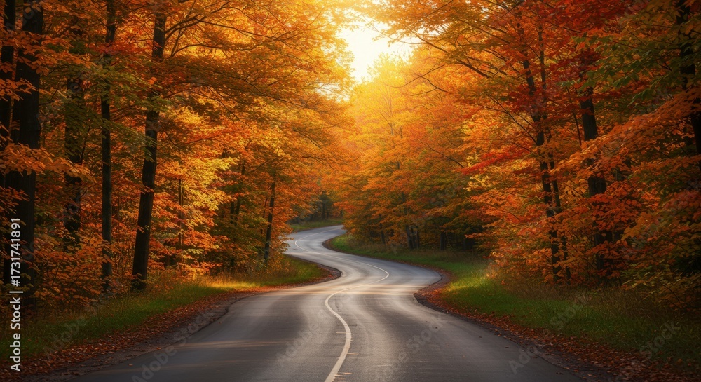 Obraz premium Winding road through autumn forest with sunlight illuminating the landscape