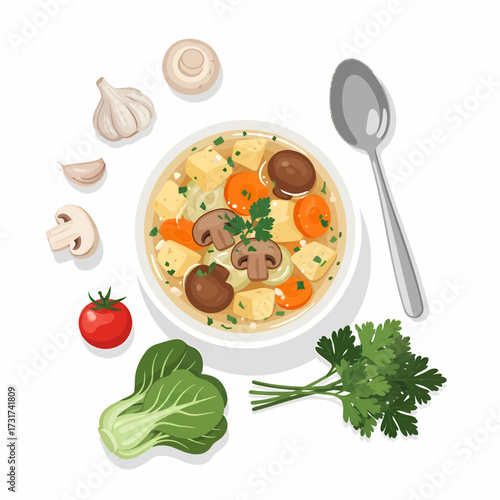 An overhead view of a delicious vegetable and mushroom soup in a white bowl, surrounded by fresh ingredients like carrots, potatoes, garlic, tomato, bok choy, and parsley, with a spoon beside it.