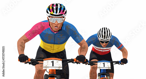 Two cyclists compete in a mountain biking race, wearing helmets and riding bikes.