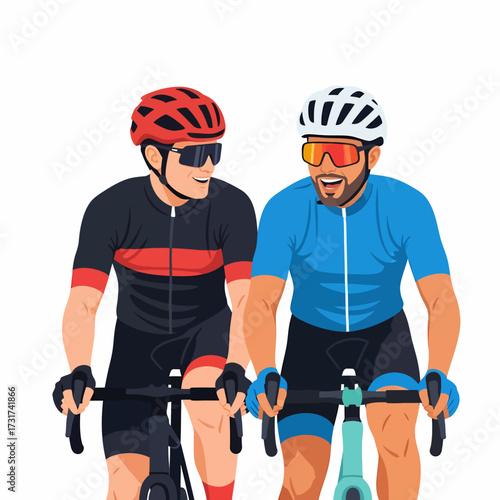 Illustration of two male friends enjoying a bike ride together in full cycling attire.