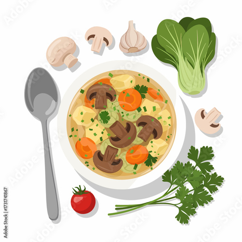 A delicious bowl of mushroom and vegetable soup, garnished with fresh herbs, surrounded by ingredients like mushrooms, carrots, garlic, and bok choy.