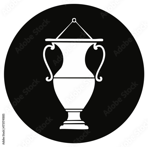 Elegant white trophy urn with looped handles and hanger displayed on a black circular background