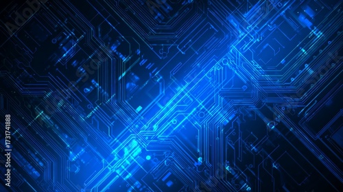 Futuristic circuit board background with glowing blue lines and abstract electronic components