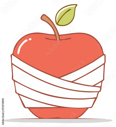 Cartoon Illustration of a Sick Red Apple Wrapped in a Medical Bandage