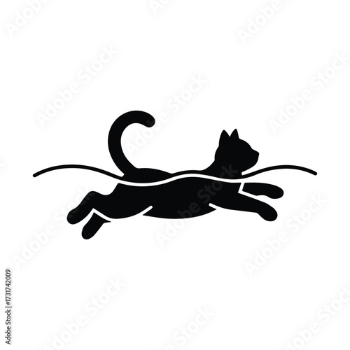 Playful black cat swimming gracefully in water silhouette