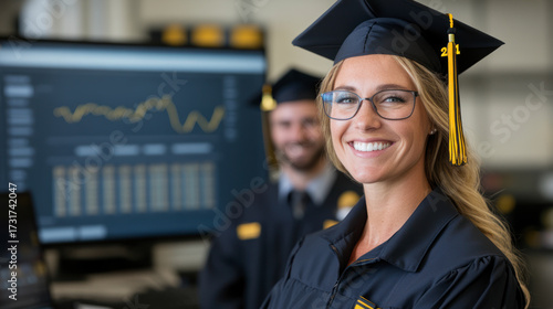 Smiling female graduate in cap and gown near data screen