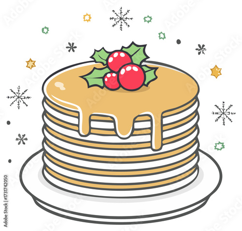 Stack of Christmas pancakes with golden syrup, festive holly, and red berries surrounded by snowflakes illustration.
