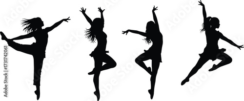 Dance silhouette vector showing ballet and contemporary poses, expressive movement, elegant choreography, performing arts concept for design, art, and storytelling