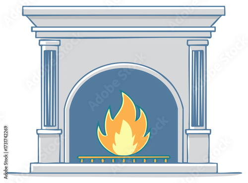 Classic stone fireplace with columns and a warm burning flame vector illustration