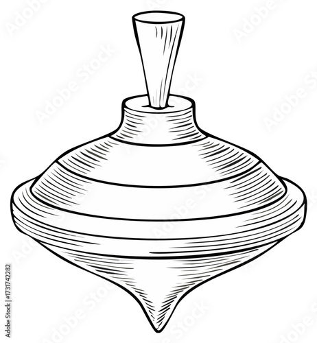 Detailed line art illustration of a classic spinning top toy.