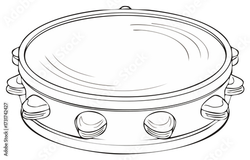 Black and white line art illustration of a classic tambourine musical percussion instrument for rhythm and sound