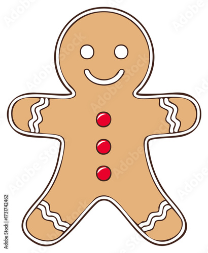 Gingerbread man cartoon character with smile and three red buttons for Christmas holiday treat design element