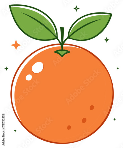 Orange fruit with green leaves and stem, illustration of a healthy citrus.