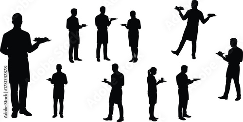 Silhouette illustration of waiter serving food and drinks, hospitality service staff, restaurant worker, professional catering, cafe waiter vector design concept.