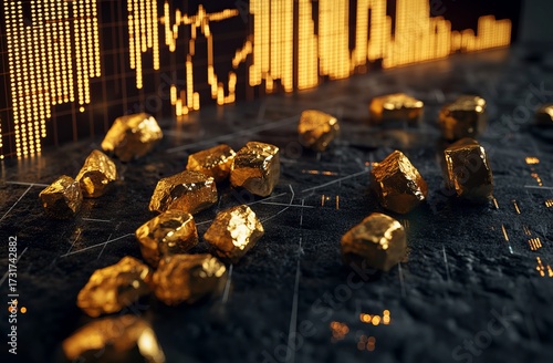 Gold nuggets on dark surface, stock market data in background