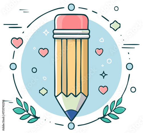 Illustration of a yellow pencil with a pink eraser surrounded by decorative elements