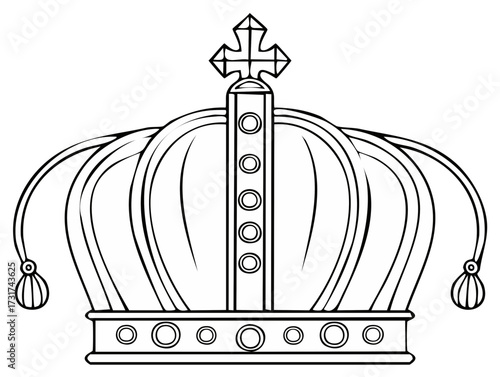 Detailed black outline drawing of an ornate royal crown with elegant arches and cross