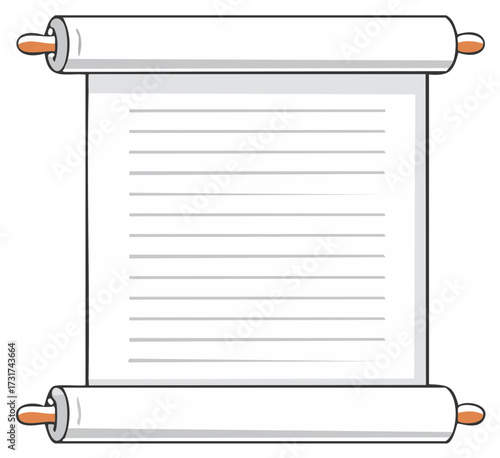 Cartoon illustration of an open scroll with lined paper and a wooden handle