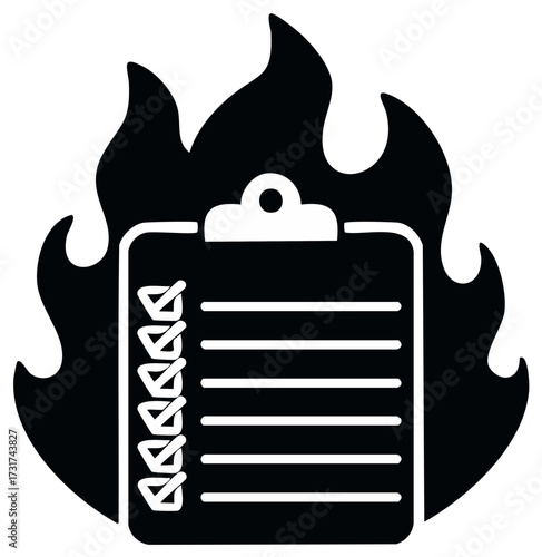 Urgent checklist on fire with check marks for hot tasks, burning deadline, or high priority actions