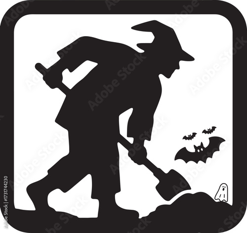 Eerie Cemetery Worker Tee: Black White Halloween Grave Digger Vector Graphic.