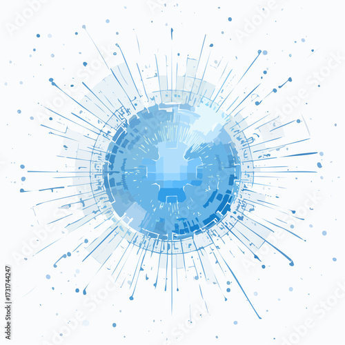 Scientific vector illustration quantum computer technology. Plexus fiction effect. Deep learning artificial intelligence. Big data algorithms visualization. Quantum explosion background.