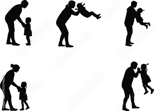 Silhouette vector illustration of parents playing, lifting and holding children, family love, bonding, childhood care, happy parenting design concept.