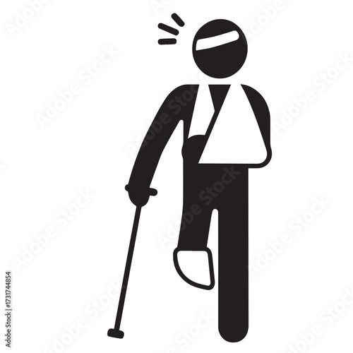 black and white pictogram of a person who appears to be injured. The figure has a bandage or wrap around their head, their left arm is in a sling, and they are using a walking stick.