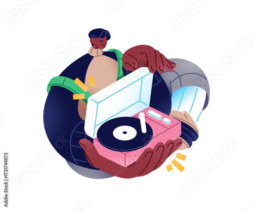 Young man listens to classical music with vinyl player. Happy black person holds modern gramophone and enjoys audio records on vintage LP. Flat isolated vector illustration on white background