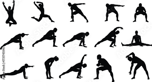 Silhouette vector illustration of men stretching, fitness exercise, yoga poses, workout training, flexibility, sport activity, healthy lifestyle, physical activity.