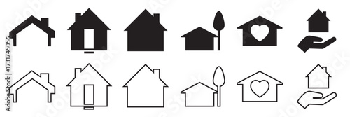 Set of house and home icon designs. Housing icon. Collection of various house icons in solid and outline styles, representing homes, buildings, real estate, love, and protection themes.

