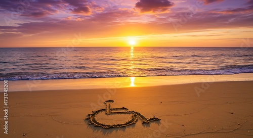 Wheelchair symbol drawn on sand at sunset on a beach