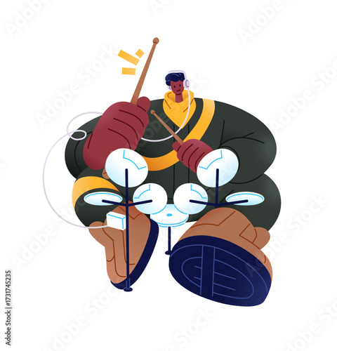 Talented musician listens to music by headphones and plays drum kit. Drummer beats cymbals with drumsticks. Character with percussion instrument. Flat isolated vector illustration on white background