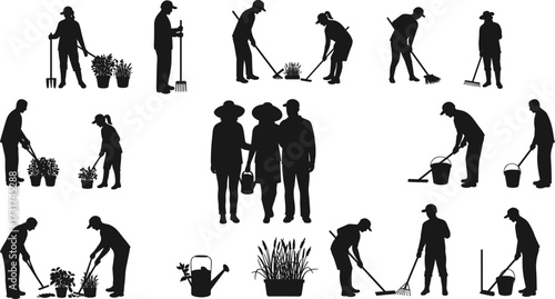 Silhouette vector illustration of people gardening with tools, watering plants, farming activities, outdoor lifestyle, agriculture work, planting and harvesting scene.